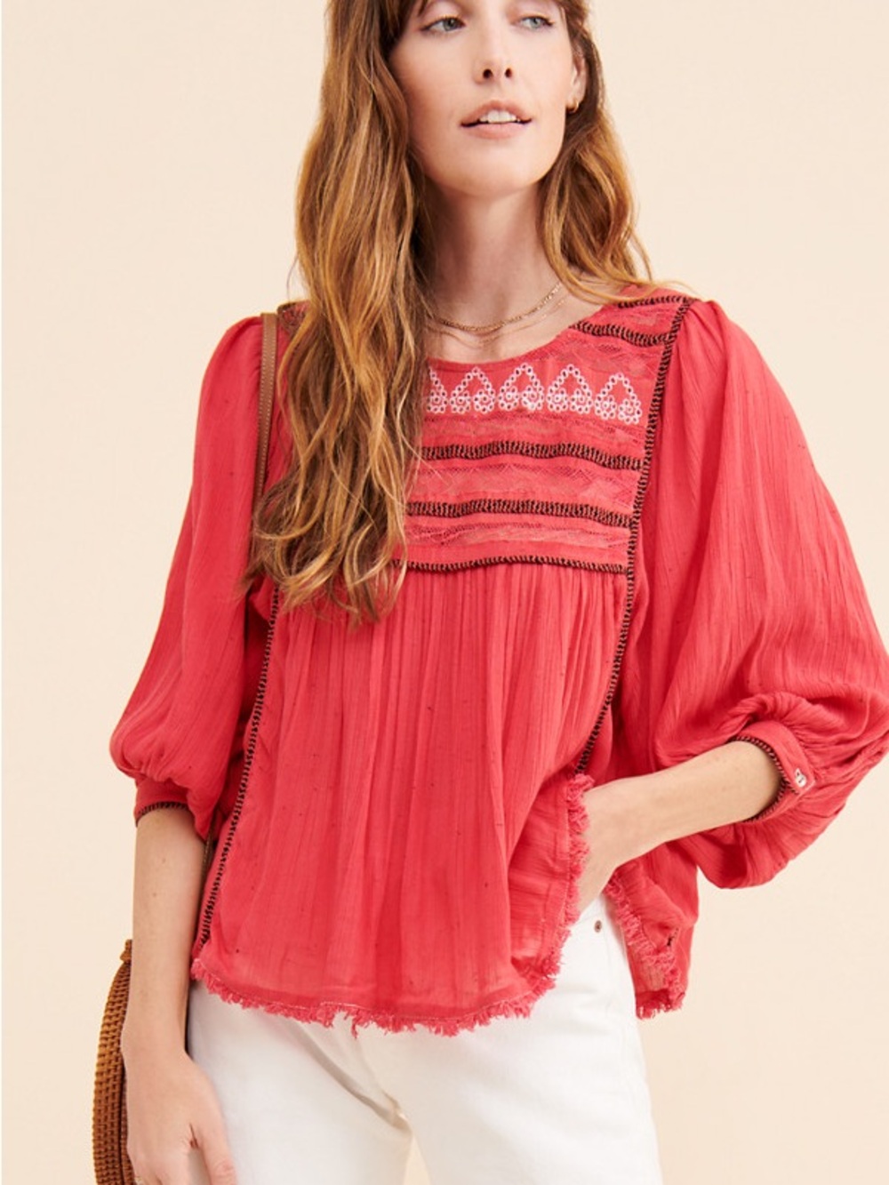 Free People Coral Red Embroidered Peasant Tunic Size S/P Shell 99% Viscose